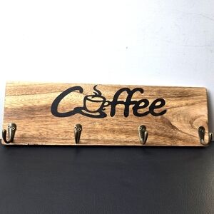 Coffee Bar Sign 4 Cup Mug Wooden Wall Hanger Decor Kitchen